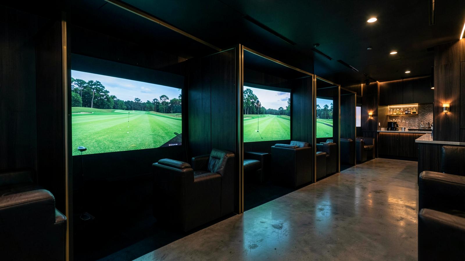 A TRUGOLF Links venue — premium indoor golf simulator bays with lounge seating